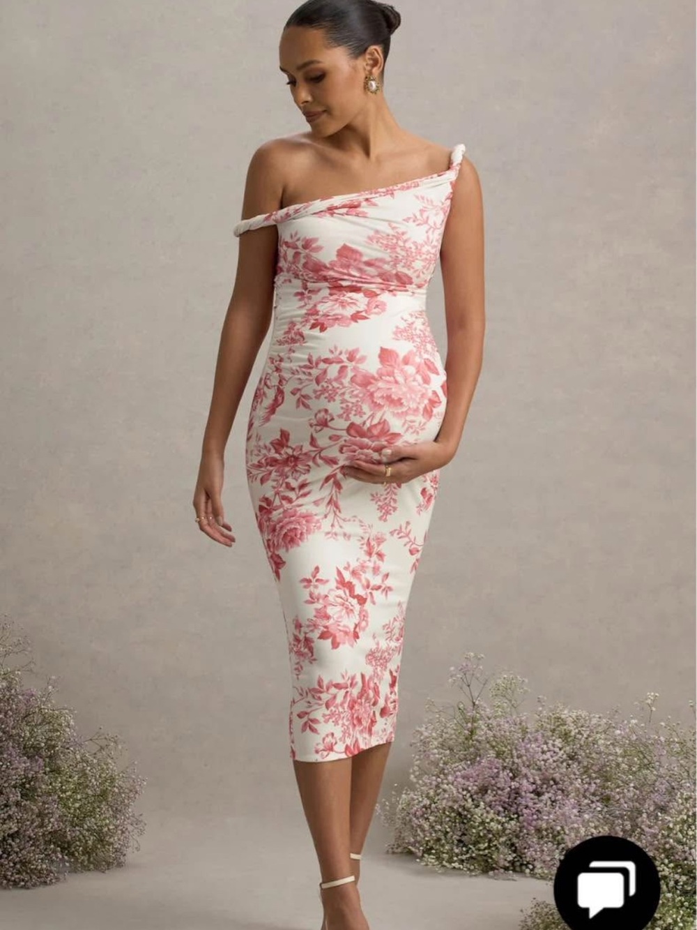 Club L London White & Dusty Rose Floral One-Shoulder Midi Dress